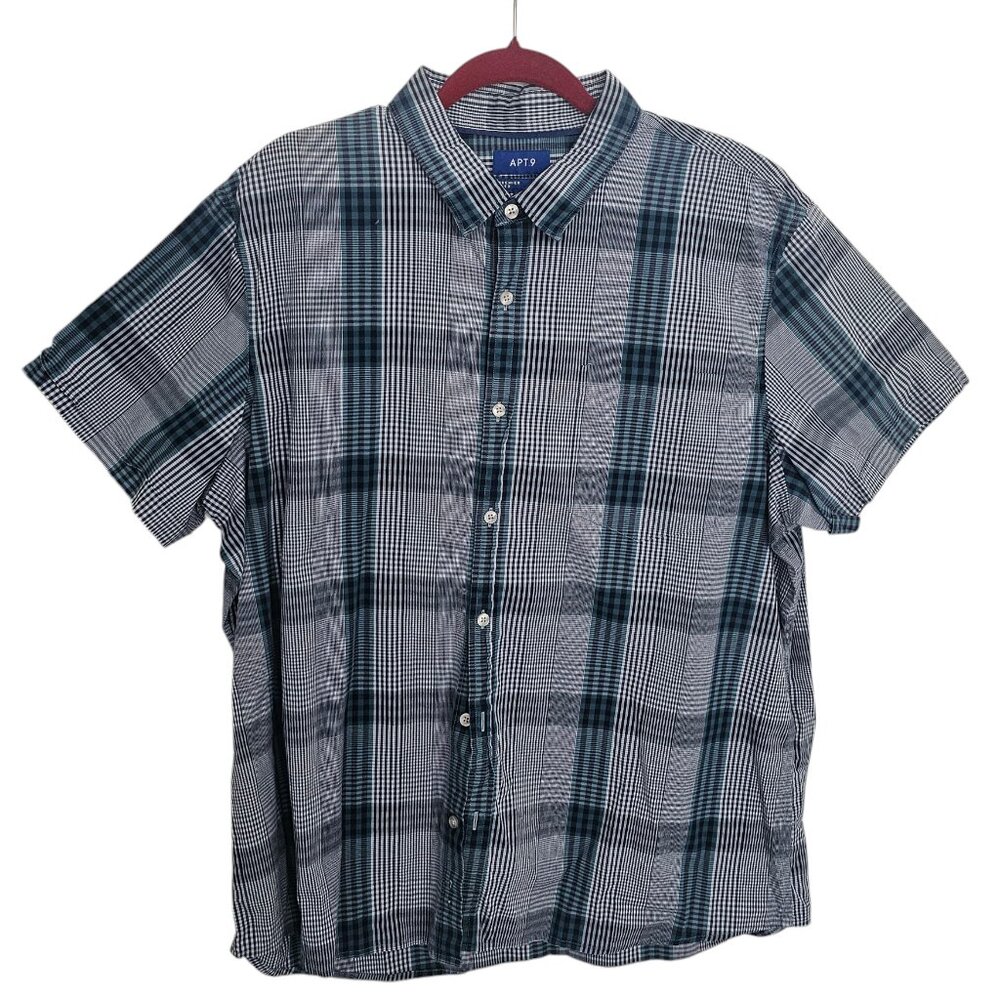 APT. 9 Plaid Blue Cotton Shirt Slim Fit Casual Premier Flex Short Sleeve